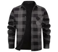 Camisas de franela de forro polar con forro de sherpa para hombre, chaquetas de manga larga con botones, para campamento, a cuadros, camisa casual con bolsillo, gris, XXL
