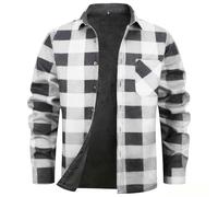 Camisas de franela de forro polar con forro de sherpa para hombre, chaquetas de manga larga con botones, para campamento, a cuadros, camisa casual con bolsillo, blanco, S
