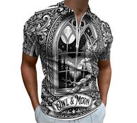 Camisas De Golf para Hombre, Estampado De Búho Vintage Camisas Polo De Negocios De Manga Corta, Talla Grande, Arte Medieval Polo Que Absorben La Humedad Informal Verano De Rendimiento, Negro