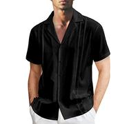 Camisas De Guayabera Cubana para Hombre, Camisas De Manga Corta con Solapa Suelta Informales De Color Sólido De Verano Negro XXL