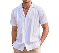 Camisas De Guayabera Cubana para Hombre, Camisas De Manga Corta con Solapa Suelta Informales De Color Sólido De Verano Blanco XXL