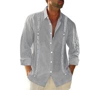 Camisas de Guayabera de Manga Corta para Hombre, Camisas cubanas Informales mexicanas con Botones, Camisetas de Lino para Boda en la Playa de Verano (Gris,XL)