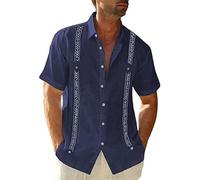 Camisas de Guayabera de Manga Corta para Hombre, Camisas cubanas Informales mexicanas con Botones, Camisetas de Lino para Boda en la Playa de Verano (Blue-b,4XL)