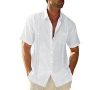 Camisas de Guayabera de Manga Corta para Hombre, Camisas cubanas Informales mexicanas con Botones, Camisetas de Lino para Boda en la Playa de Verano (Blanco,XL)