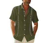 Camisas de Guayabera de Manga Corta para Hombre, Camisas cubanas Informales mexicanas con Botones, Camisetas de Lino para Boda en la Playa de Verano (Green-b,L)