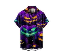 Camisas de Halloween para hombre, con estampado de cara de calabaza horrible, manga corta, verano, elegante, para fiestas en la playa, disfraces de vacaciones, para adultos, Morado (, 4XL