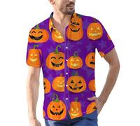 Camisas de Halloween para hombre, disfraces de Jack O' Lantern, manga corta, con estampado de cara de calabazas, camisetas con botones, Purple1 - Camisas de Halloween para hombre, XXXL