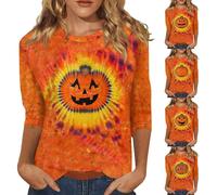 Camisas de Halloween para mujer, divertidas camisetas de fantasma, calabaza, talla grande, disfraces de Halloween, cuello redondo, manga 3/4, blusa de cara de diablo, trajes de festival, Naranja #1