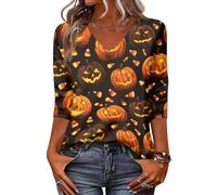Camisas de Halloween para mujer, manga 3/4, cuello en V, camiseta gráfica para mujer, marrón, S