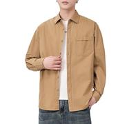 Camisas de Hombre con Botones, Camisa de Manga Larga Estilo Retro, Color Liso, Holgada, Informal, Sencilla y versátil de algodón con Bolsillos. (Yellow,M)