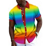 Camisas de Hombre de Moda Informales a Rayas Coloridas Camisa Sencilla de Verano de Manga Corta con Solapa y Botones Blusa Retro de Uso Diario