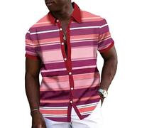 Camisas de Hombre de Moda Informales a Rayas Coloridas Camisa Sencilla de Verano de Manga Corta con Solapa y Botones Blusa Retro de Uso Diario