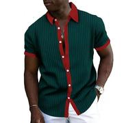 Camisas de Hombre de Moda Informales a Rayas Coloridas Camisa Sencilla de Verano de Manga Corta con Solapa y Botones Blusa Retro de Uso Diario