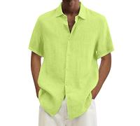 Camisas de Hombre Verano Casual Transpirable Manga Corta Color Sólido Camisa de Playa de Algodón y Lino Clásico Top Simple Suelto Camisas de Verano Amplio, Amarillo-2., XXL