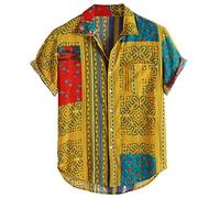Camisas de hombre vintage étnico estampado Turn Down cuello manga corta sueltas camisetas casual (3XL, 1 amarillo)