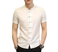 Camisas de Kung Fu de Estilo Chino para Hombres Camisas de Manga Corta Delgadas con Cuello Retro con Botones de Rana