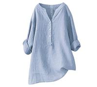 Camisas de lino de gasa arrugada de algodón para mujer, manga 3/4, cuello en V, túnicas de gran tamaño, ajuste holgado, blusas de verano de manga larga, cuello alto y bajo, manga enrollada, con