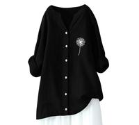 Camisas de lino de gasa de gran tamaño para mujer, estilo casual, de manga larga, de algodón, cuello en V, color liso, manga 3/4, ropa bordada asimétrica, fluida, para mujer, primavera, Negro, M