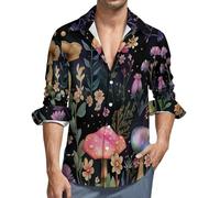 Camisas de Lino de Manga Larga Negro para Hombre, Camisa de Verano Casual y Holgada Plantas del Bosque De Cuentos De Hadas, Camisa Casual con Botones y Bolsillos, Adecuada para Actividades 6XL
