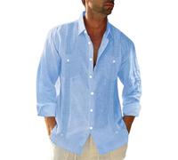 Camisas De Lino De Playa para Hombre - Blusas De Solapa De Manga Corta Camisa con Bolsillo De Verano con Botones, Ropa Superior Suelta Informal Vintage De Guayabera Cubana,Blanco