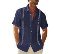 Camisas De Lino De Playa para Hombre - Blusas De Solapa De Manga Corta Camisa con Bolsillo De Verano con Botones, Ropa Superior Suelta Informal Vintage De Guayabera Cubana,Azul,L