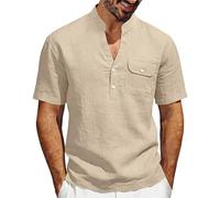 Camisas de lino Henley de manga corta para hombre, camisetas ligeras con cuello de abuelo para hombre, camisetas refrescantes, camisa polo que absorbe la humedad con bolsillos delanteros, ropa de