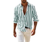 Camisas de lino para hombre, a rayas, de manga corta, transpirables, con cuello cubano, camisetas ligeras con botones, sin bolsillos, ropa de verano para uso diario al aire libre, vacaciones
