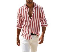 Camisas de lino para hombre, a rayas, de manga corta, transpirables, con cuello cubano, camisetas ligeras con botones, sin bolsillos, ropa de verano para uso diario al aire libre, vacaciones