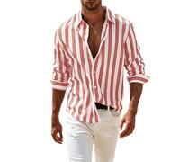 Camisas de lino para hombre, a rayas, de manga corta, transpirables, con cuello cubano, camisetas ligeras con botones, sin bolsillos, ropa de verano para uso diario al aire libre, vacaciones