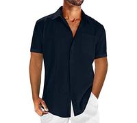Camisas de lino para hombre, algodón adelgazante, temperamento adelgazante, bolsillo, hebilla, solapa, camisa de manga corta, camisa polo para hombre, azul marino, XL