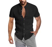 Camisas de lino para hombre Camisas de manga corta con botones de algodón de verano casual ajuste amplio camisa blanca ceremonia pajarita hombre Slim Fit moderno y artístico, Negro-4, Medium