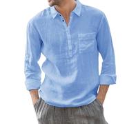 Camisas de lino para hombre, lisas, transpirables, estilo Henley, ligeras, para playa, con botones, de manga larga, con bolsillo, para verano, informales, frescas, cómodas, para vacaciones, ajuste