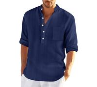 Camisas de lino para hombre, manga corta, cuello de abuelo, ligeras, cómodas, cuello en V, botones, para primavera, verano, ropa de playa tropical, azul marino, 3XL
