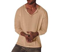 Camisas de lino para hombre, manga larga, cuello en V, de algodón, ligeras, informales, para la playa y el verano, caqui, L