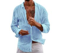 Camisas de lino para hombre, ultradelgadas, con botones, manga larga, camisa de playa, camisetas para hombre, camisa polo, azul, XXL