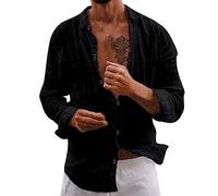 Camisas de lino para hombre, ultradelgadas, con botones, manga larga, camisa de playa, camisetas para hombre, camisa polo, Negro , 3XL
