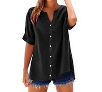 Camisas de Lino para Mujer, Ropa de Moda con Botones de Trabajo de Talla Grande con Cuello en V, Tops de Verano para Personas Mayores 2025 (Negro,S)