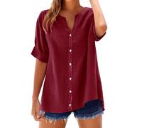 Camisas de Lino para Mujer, Ropa de Moda con Botones de Trabajo de Talla Grande con Cuello en V, Tops de Verano para Personas Mayores 2025 (Rojo,XXL)