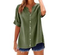 Camisas de Lino para Mujer, Ropa de Moda con Botones de Trabajo de Talla Grande con Cuello en V, Tops de Verano para Personas Mayores 2025 (Verde,XXL)