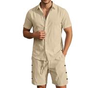 Camisas De Lino,Traje de Camisa de Lino Hombre Conjunto Casual Verano Transpirable Cómodo Viajes Negocios Ropa Oficina Elegante