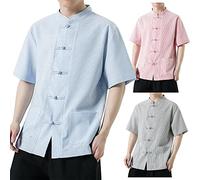 Camisas de lino y algodón de manga corta para hombre, camisetas a rayas para hombre, cuello mandarín del Reino Unido, botones de rana, camisetas con bolsillos, camisetas tradicionales vintage