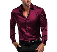 Camisas de los años 50 para hombre, color liso, imitación de seda, satinado, brillante, con elástico de manga larga, paquete de camisetas de manga larga para hombre, rosso, L