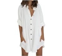 Camisas de manga 3/4 para mujer, camisas largas de línea, camisas casuales de manga suelta, cuello de pie, blusa de túnica con bolsillo, blusa ligera de verano de algodón y lino, cubiertas de playa