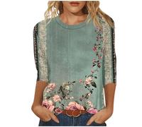 Camisas de manga 3/4 para mujer, camisetas de moda con cuello redondo y estampado floral, túnica holgada, blusas casuales elegantes, camisetas ligeras de talla grande, S-5XL, 022 y verde militar, L