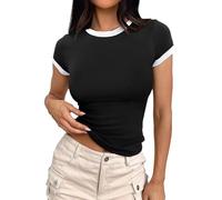 Camisas de Manga Corta for Mujer con Cuello Redondo y Bloques de Color Ajustados(Nero,XL)