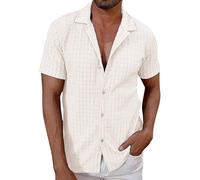 Camisas de manga corta para hombre, cuello cubano, texturizadas, para verano, playa, ajuste regular, camisas con botones, beige, XL