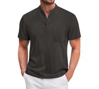 Camisas de manga corta para hombre, cuello de banda, camisetas Henley casuales con bolsillo en el pecho, camisetas inteligentes de verano y vacaciones, Negro, S