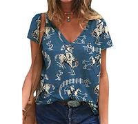 Camisas de Manga Corta para Mujer Vintage Cowgirl Print V Neck T Shirt Casual Loose Fit Casual Summer Tops