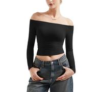 Camisas de Manga Larga con Doble Forro y Hombros Descubiertos for Mujer Tops básicos for Salir(Nero,S)