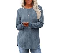 Camisas de Manga Larga de otoño 2025 para Mujer, de Corte Holgado con Cuello Redondo y Dobladillo Alto-bajo - Blusa con Dobladillo Curvado para Mujer,Azul,M